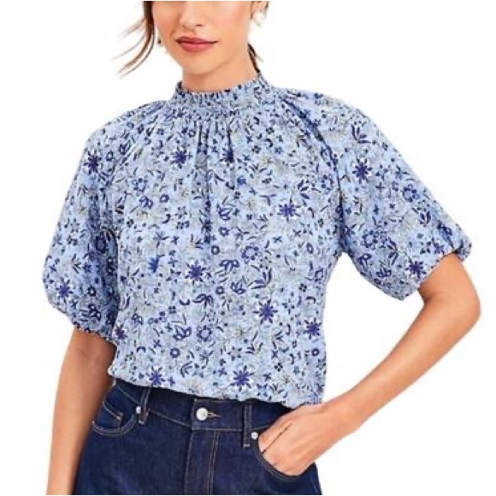 Loft Floral Bubble Sleeve Blouse Blue Size L